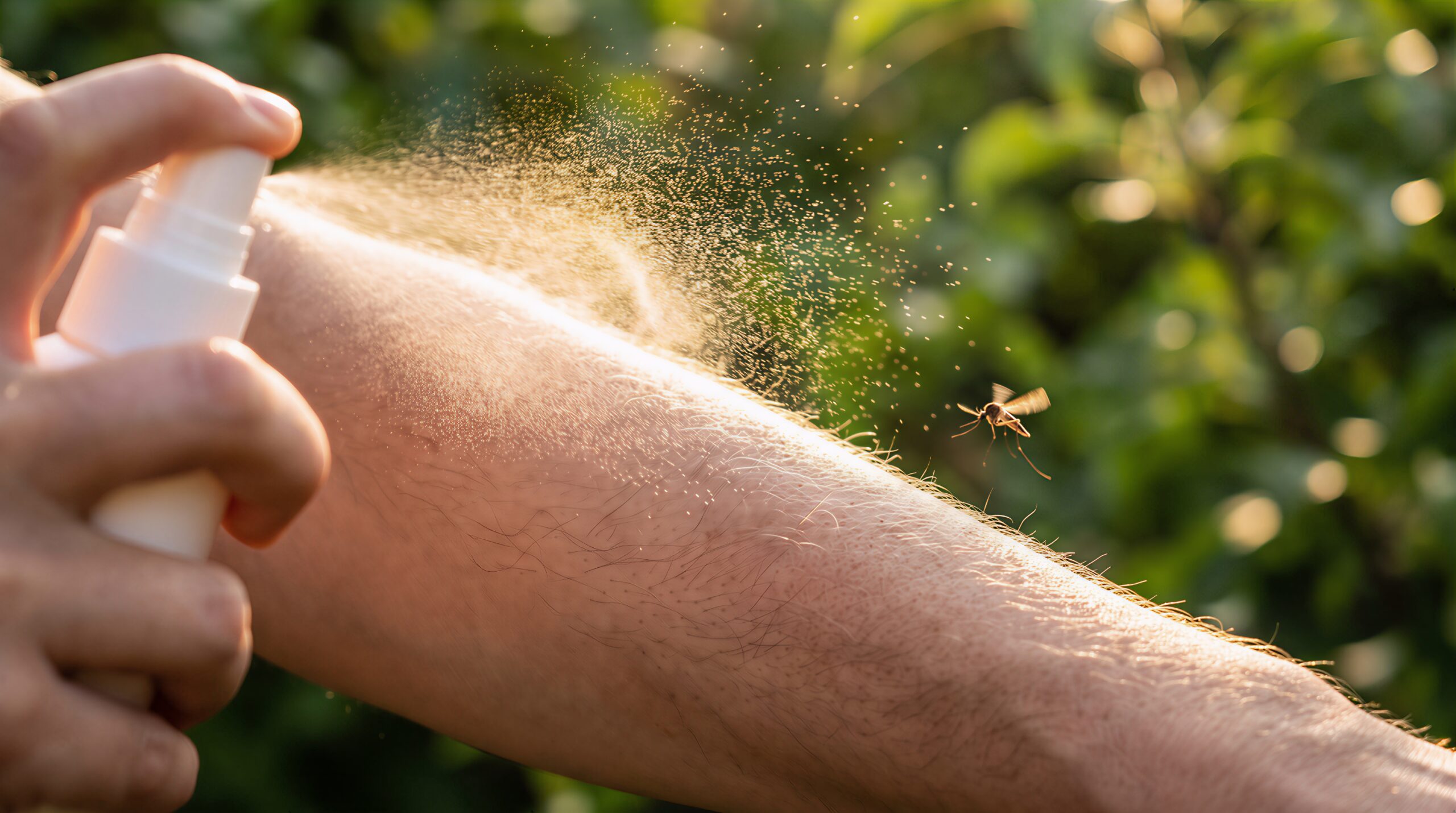Spray bottle misting skin, mosquito flight, outdoor pest control, summer afternoon, health prevention tips.